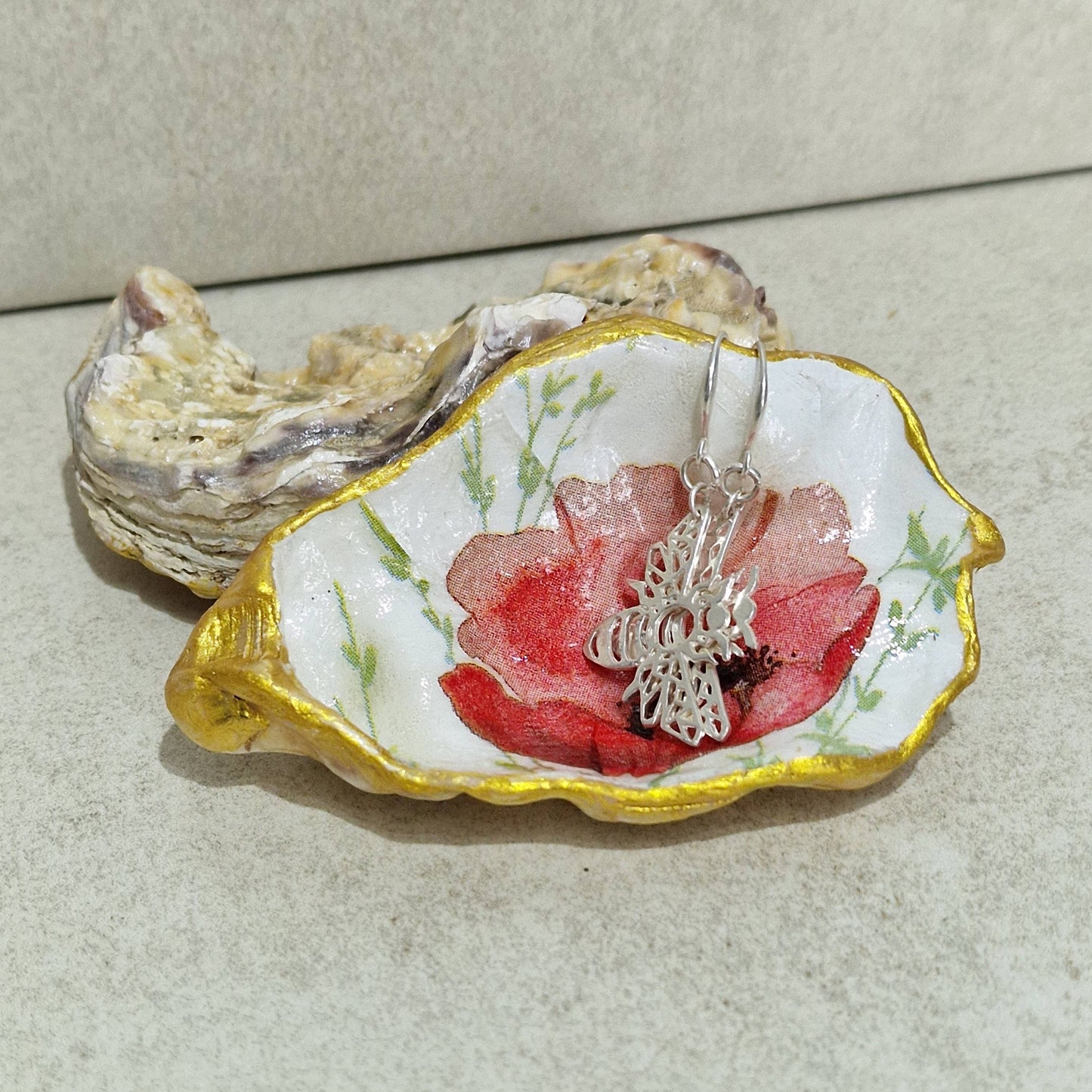 Oyster Shell Trinket Dish - Poppy Flower