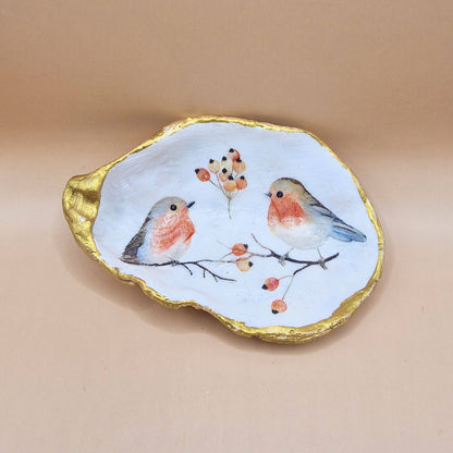 Oyster Shell Trinket Dish - Robin Redbreast Pair Design