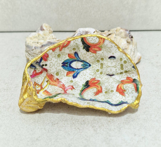 Oyster Shell Trinket Dish - William Morris Cream Orange Design