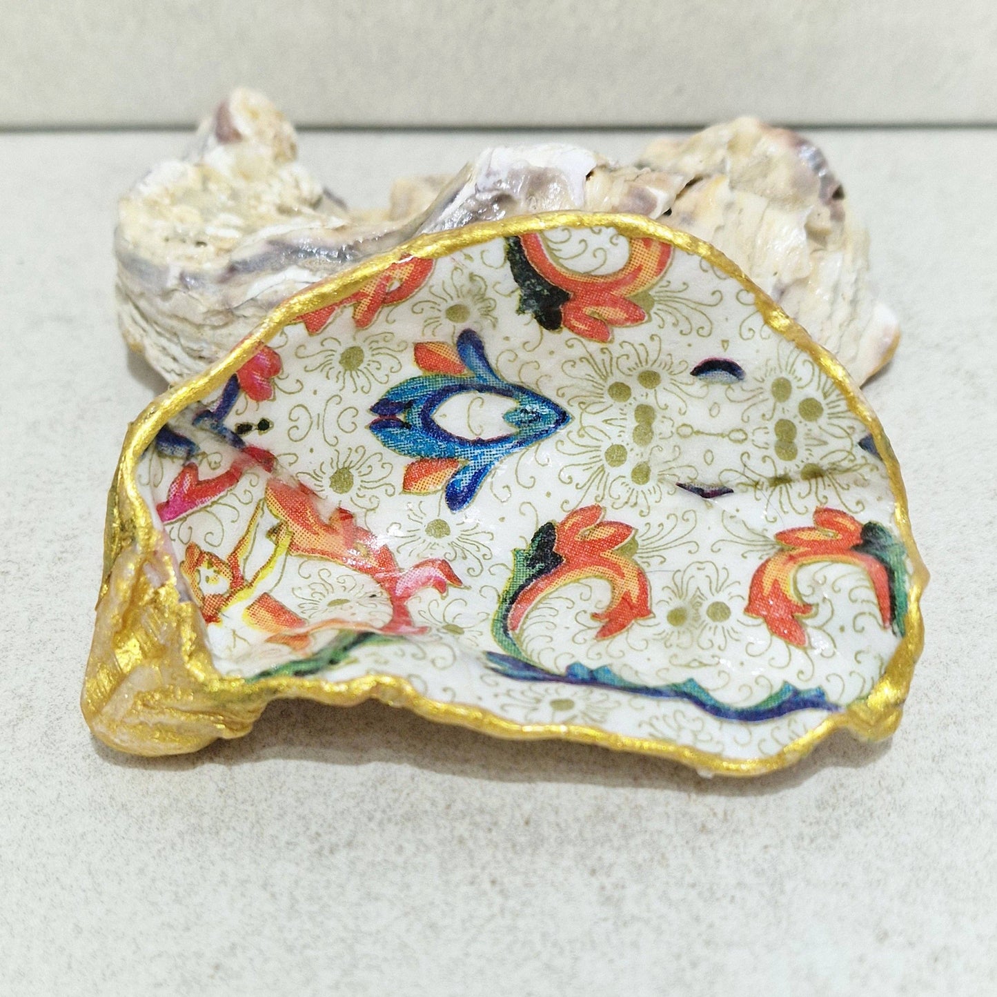 Oyster Shell Trinket Dish - William Morris Cream Orange Design