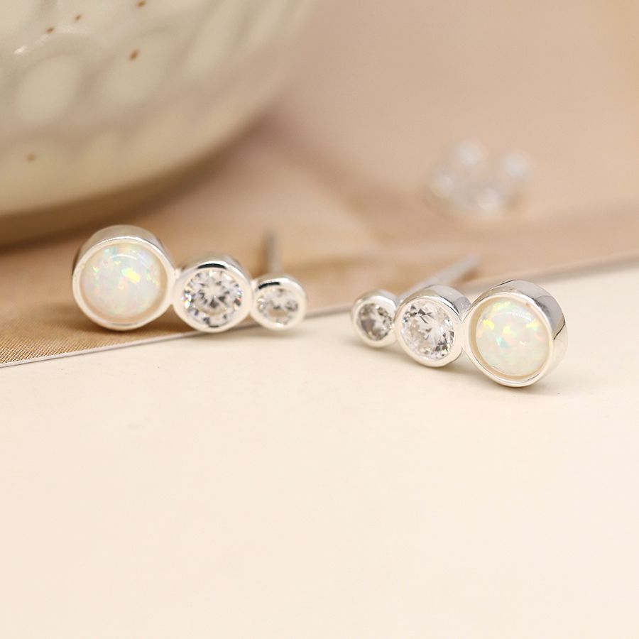 STERLING SILVER DOUBLE CRYSTAL AND WHITE OPAL STUD EARINGS - Nostalgia Furniture & Gifts
