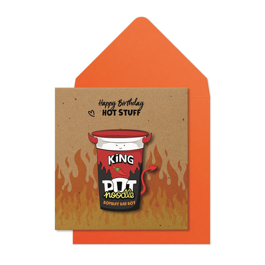 HANDMADE BIRTHDAY CARD MADE FROM RECYCLED MATERIALS - HOT STUFF POT NOODLE CARD