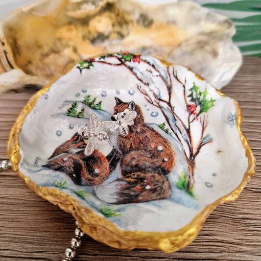 Oyster Shell Trinket Dish - Winter Fox Cubs Design