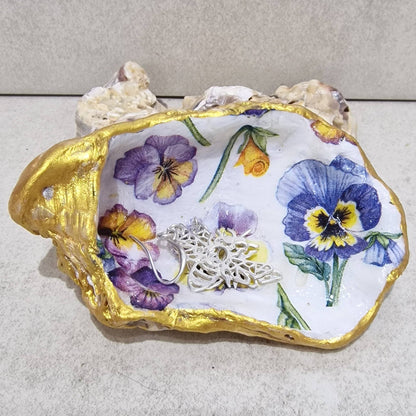 Oyster Shell Trinket Dish - Pansies Design