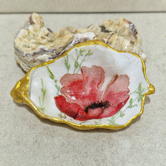 Oyster Shell Trinket Dish - Poppy Flower