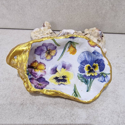 Oyster Shell Trinket Dish - Pansies Design