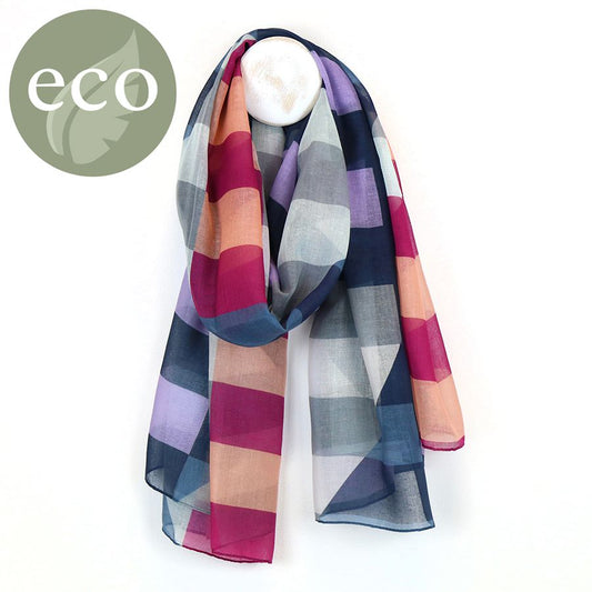 RECYCLED PEACE OF MIND BOTTLE SCARF - MAGENTA, NAVY COLOUR BLOCK STRIPES - Nostalgia Furniture & Gifts